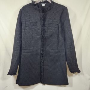 Venus Womens Blk Tweed Midi Overcoat Sz 12 Fringe Trim Classic Chic